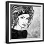 Art Sketched Beautiful Girl Face With Curly Hairs In Black Graphic On White Background-Irina QQQ-Framed Premium Giclee Print
