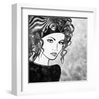 Art Sketched Beautiful Girl Face With Curly Hairs In Black Graphic On White Background-Irina QQQ-Framed Art Print