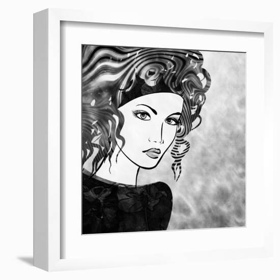 Art Sketched Beautiful Girl Face With Curly Hairs In Black Graphic On White Background-Irina QQQ-Framed Art Print