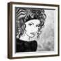 Art Sketched Beautiful Girl Face With Curly Hairs In Black Graphic On White Background-Irina QQQ-Framed Art Print