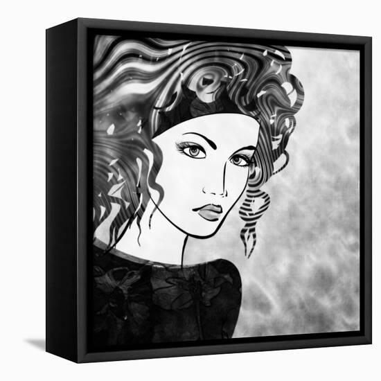 Art Sketched Beautiful Girl Face With Curly Hairs In Black Graphic On White Background-Irina QQQ-Framed Stretched Canvas