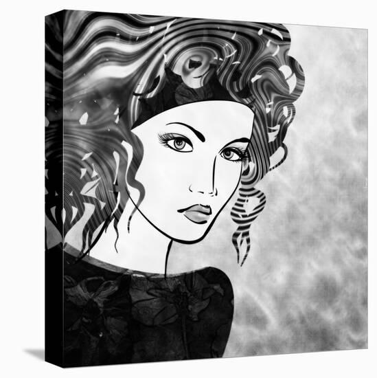 Art Sketched Beautiful Girl Face With Curly Hairs In Black Graphic On White Background-Irina QQQ-Stretched Canvas