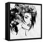 Art Sketched Beautiful Girl Face With Flowers In Hair In Black Graphic On White Background-Irina QQQ-Framed Stretched Canvas