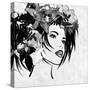 Art Sketched Beautiful Girl Face With Flowers In Hair In Black Graphic On White Background-Irina QQQ-Stretched Canvas