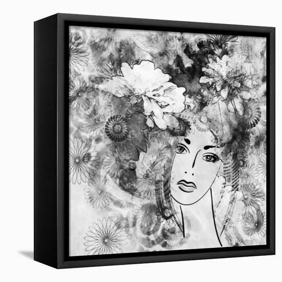 Art Sketched Beautiful Girl Face With Flowers In Hair In Black Graphic On White Background-Irina QQQ-Framed Stretched Canvas