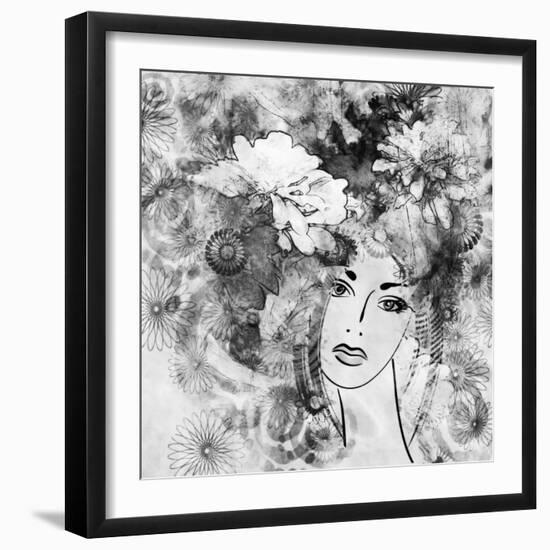 Art Sketched Beautiful Girl Face With Flowers In Hair In Black Graphic On White Background-Irina QQQ-Framed Art Print