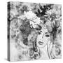 Art Sketched Beautiful Girl Face With Flowers In Hair In Black Graphic On White Background-Irina QQQ-Stretched Canvas