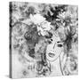 Art Sketched Beautiful Girl Face With Flowers In Hair In Black Graphic On White Background-Irina QQQ-Stretched Canvas