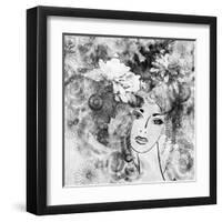 Art Sketched Beautiful Girl Face With Flowers In Hair In Black Graphic On White Background-Irina QQQ-Framed Art Print