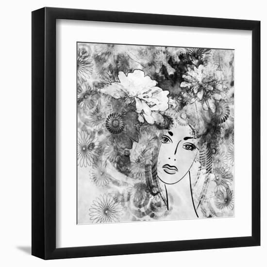 Art Sketched Beautiful Girl Face With Flowers In Hair In Black Graphic On White Background-Irina QQQ-Framed Art Print