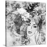 Art Sketched Beautiful Girl Face With Flowers In Hair In Black Graphic On White Background-Irina QQQ-Stretched Canvas