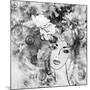 Art Sketched Beautiful Girl Face With Flowers In Hair In Black Graphic On White Background-Irina QQQ-Mounted Art Print