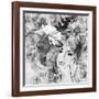 Art Sketched Beautiful Girl Face With Flowers In Hair In Black Graphic On White Background-Irina QQQ-Framed Art Print