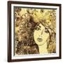 Art Watercolor and Graphic Monochrome Beautiful Girl Face on Autumn Background in Gold, Brown and B-Irina_QQQ-Framed Art Print