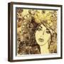 Art Watercolor and Graphic Monochrome Beautiful Girl Face on Autumn Background in Gold, Brown and B-Irina_QQQ-Framed Art Print