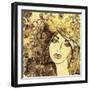 Art Watercolor and Graphic Monochrome Beautiful Girl Face on Autumn Background in Gold, Brown and B-Irina_QQQ-Framed Art Print