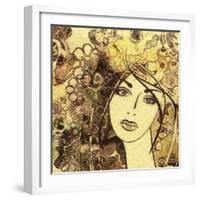 Art Watercolor and Graphic Monochrome Beautiful Girl Face on Autumn Background in Gold, Brown and B-Irina_QQQ-Framed Art Print