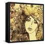 Art Watercolor and Graphic Monochrome Beautiful Girl Face on Autumn Background in Gold, Brown and B-Irina_QQQ-Framed Stretched Canvas