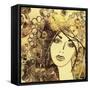 Art Watercolor and Graphic Monochrome Beautiful Girl Face on Autumn Background in Gold, Brown and B-Irina_QQQ-Framed Stretched Canvas