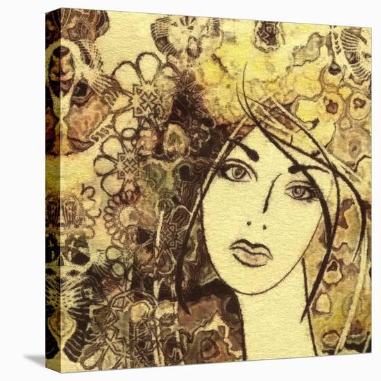 Art Watercolor and Graphic Monochrome Beautiful Girl Face on Autumn Background in Gold, Brown and B-Irina_QQQ-Stretched Canvas