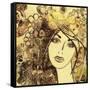 Art Watercolor and Graphic Monochrome Beautiful Girl Face on Autumn Background in Gold, Brown and B-Irina_QQQ-Framed Stretched Canvas