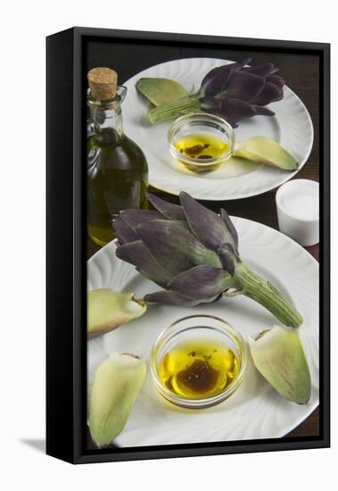 Artichoke with Dipping Sauce (Oil, Salt, Pepper and Vinegar), Cuisine-Nico Tondini-Framed Stretched Canvas