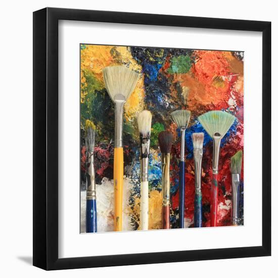 Artist Brushes On An Oil Painting Background-Hannamariah-Framed Art Print