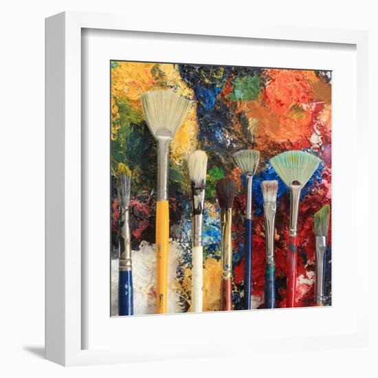 Artist Brushes On An Oil Painting Background-Hannamariah-Framed Art Print