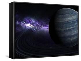 Artist's Concept of a Blue Ringed Gas Giant in Front of a Galaxy-Stocktrek Images-Framed Stretched Canvas