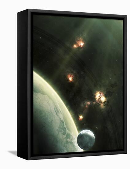 Artist's Concept of a Large Barren World and its Companion Moon-Stocktrek Images-Framed Stretched Canvas