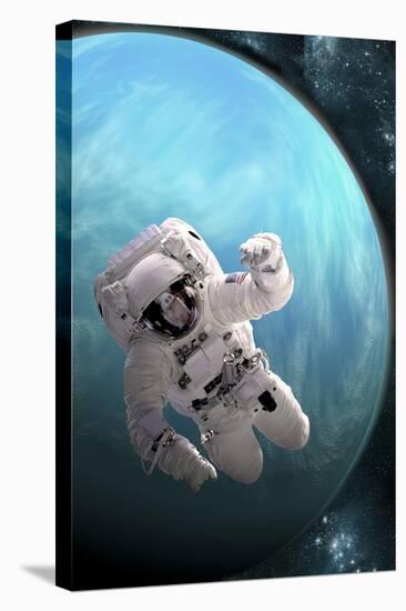 Artist's Concept of an Astronaut Floating in Outer Space by a Water Covered Planet-Stocktrek Images-Stretched Canvas