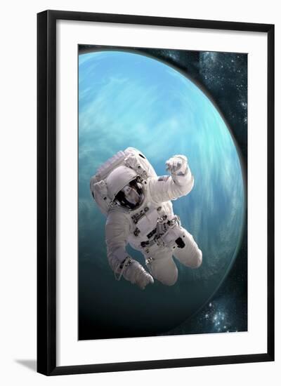 Artist's Concept of an Astronaut Floating in Outer Space by a Water Covered Planet-Stocktrek Images-Framed Art Print