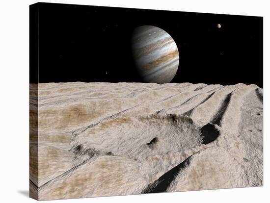 Artist's Concept of an Impact Crater on Jupiter's Moon Ganymede, with Jupiter on the Horizon-Stocktrek Images-Stretched Canvas