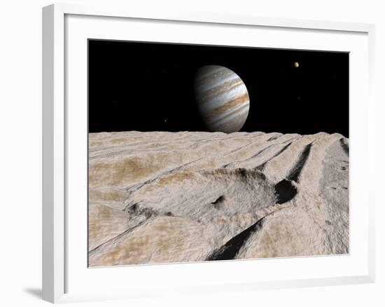 Artist's Concept of an Impact Crater on Jupiter's Moon Ganymede, with Jupiter on the Horizon-Stocktrek Images-Framed Photographic Print