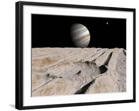 Artist's Concept of an Impact Crater on Jupiter's Moon Ganymede, with Jupiter on the Horizon-Stocktrek Images-Framed Photographic Print