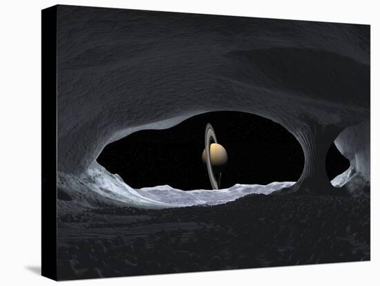 Artist's Concept of How Saturn Might Appear from Within a Hypothetical Ice Cave on Iapetus-Stocktrek Images-Stretched Canvas