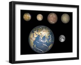 Artist's Concept of Jupiter's Four Largest Satellites Laid Out Above the Earth and it's Moon-Stocktrek Images-Framed Photographic Print