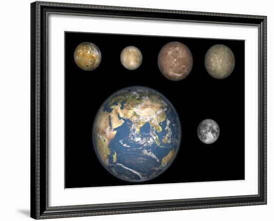 Artist's Concept of Jupiter's Four Largest Satellites Laid Out Above the Earth and it's Moon-Stocktrek Images-Framed Photographic Print