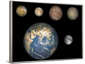 Artist's Concept of Jupiter's Four Largest Satellites Laid Out Above the Earth and it's Moon-Stocktrek Images-Framed Photographic Print