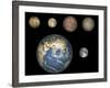 Artist's Concept of Jupiter's Four Largest Satellites Laid Out Above the Earth and it's Moon-Stocktrek Images-Framed Photographic Print