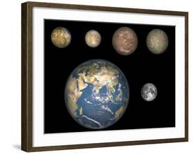 Artist's Concept of Jupiter's Four Largest Satellites Laid Out Above the Earth and it's Moon-Stocktrek Images-Framed Photographic Print