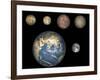 Artist's Concept of Jupiter's Four Largest Satellites Laid Out Above the Earth and it's Moon-Stocktrek Images-Framed Photographic Print