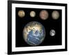 Artist's Concept of Jupiter's Four Largest Satellites Laid Out Above the Earth and it's Moon-Stocktrek Images-Framed Photographic Print