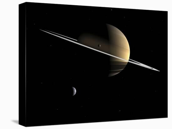 Artist's Concept of Saturn and its Moons Dione and Tethys-Stocktrek Images-Stretched Canvas