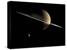 Artist's Concept of Saturn and its Moons Dione and Tethys-Stocktrek Images-Stretched Canvas