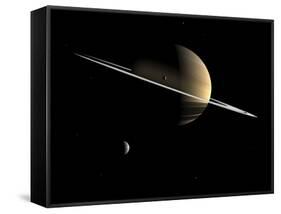 Artist's Concept of Saturn and its Moons Dione and Tethys-Stocktrek Images-Framed Stretched Canvas