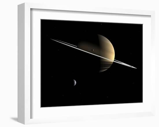 Artist's Concept of Saturn and its Moons Dione and Tethys-Stocktrek Images-Framed Photographic Print