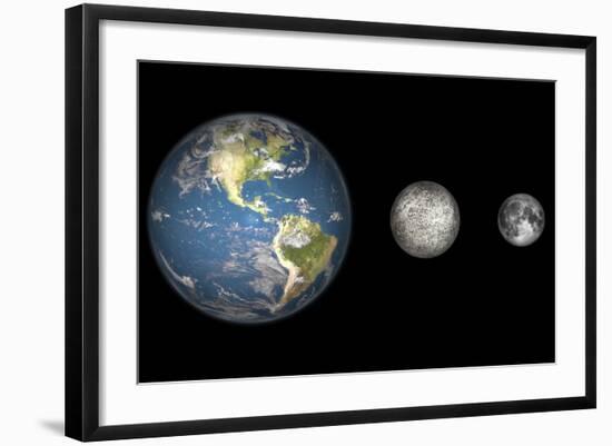 Artist's Concept of the Earth, Mercury, and Earth's Moon to Scale-Stocktrek Images-Framed Art Print