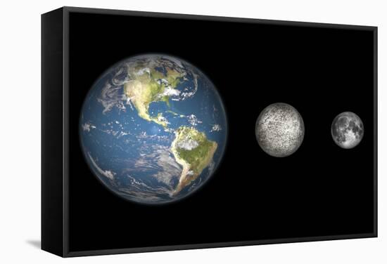 Artist's Concept of the Earth, Mercury, and Earth's Moon to Scale-Stocktrek Images-Framed Stretched Canvas