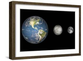 Artist's Concept of the Earth, Mercury, and Earth's Moon to Scale-Stocktrek Images-Framed Art Print